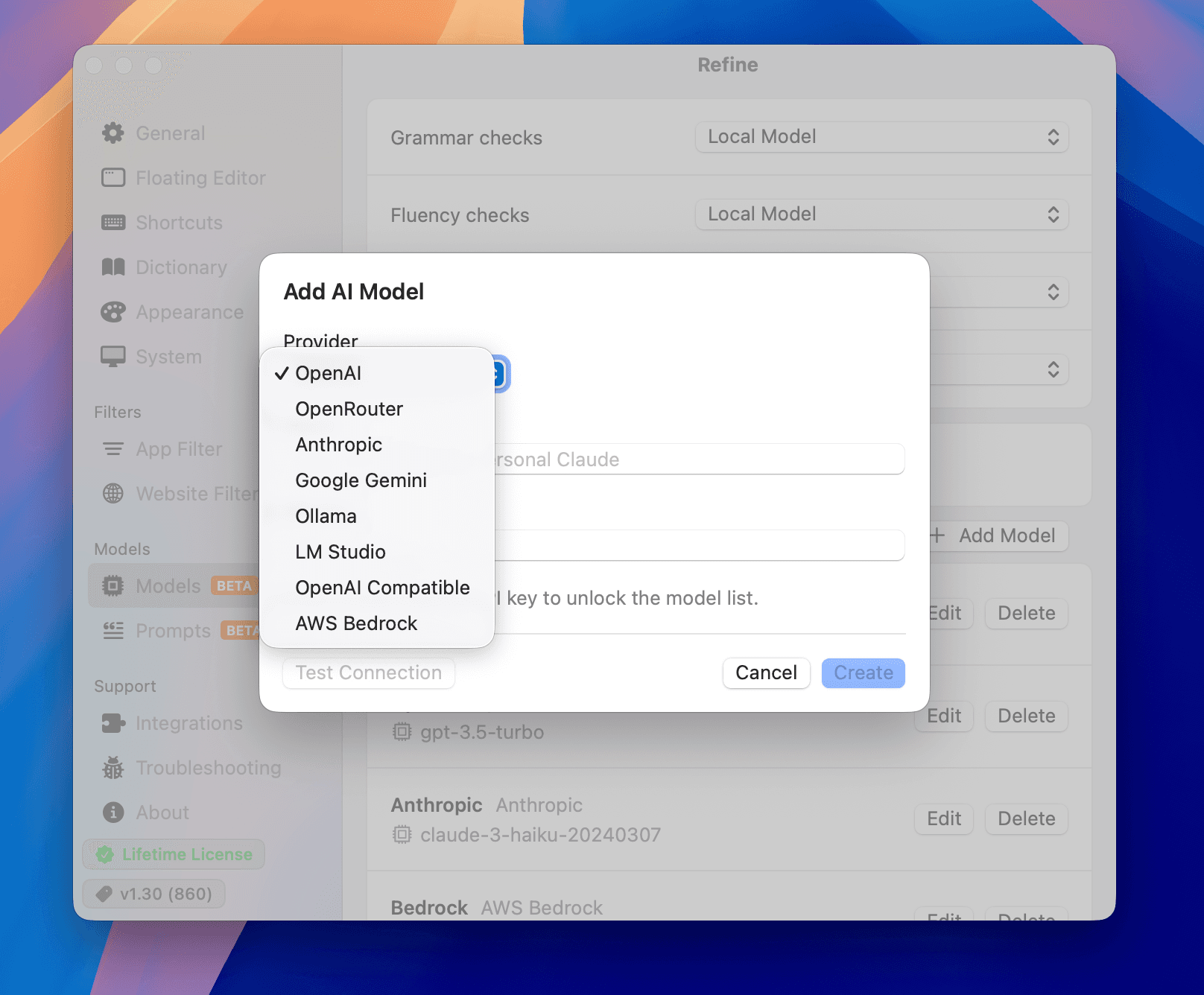 Connect your own AI providers screenshot