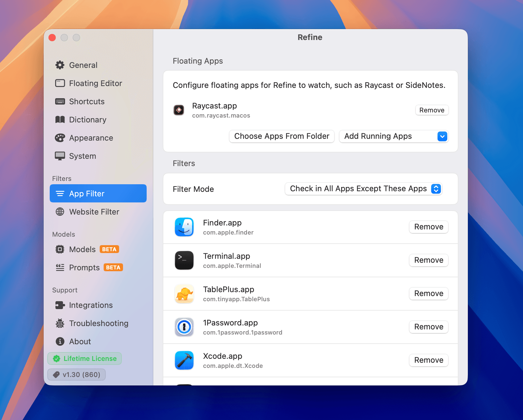 App filters screenshot