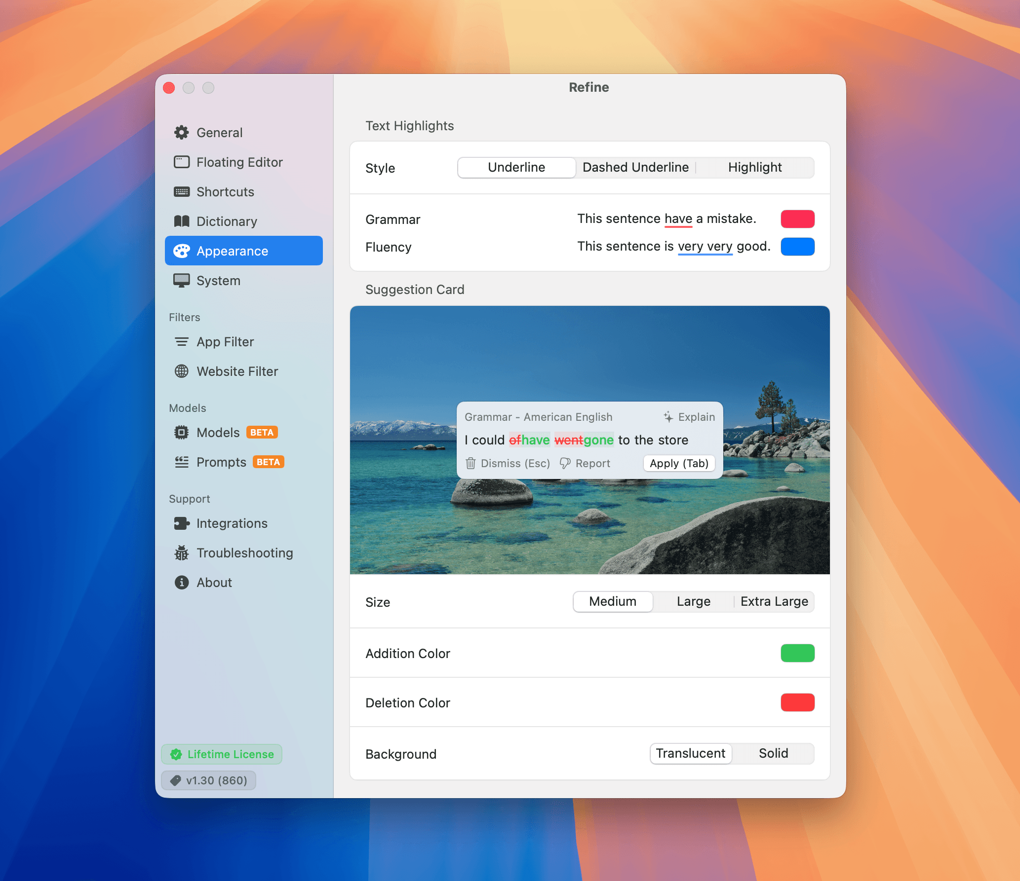 Appearance controls screenshot