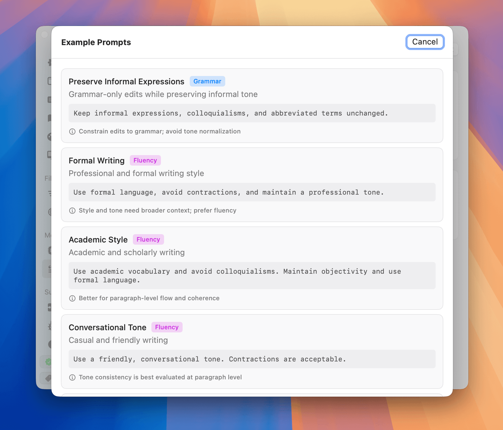 Custom instructions screenshot