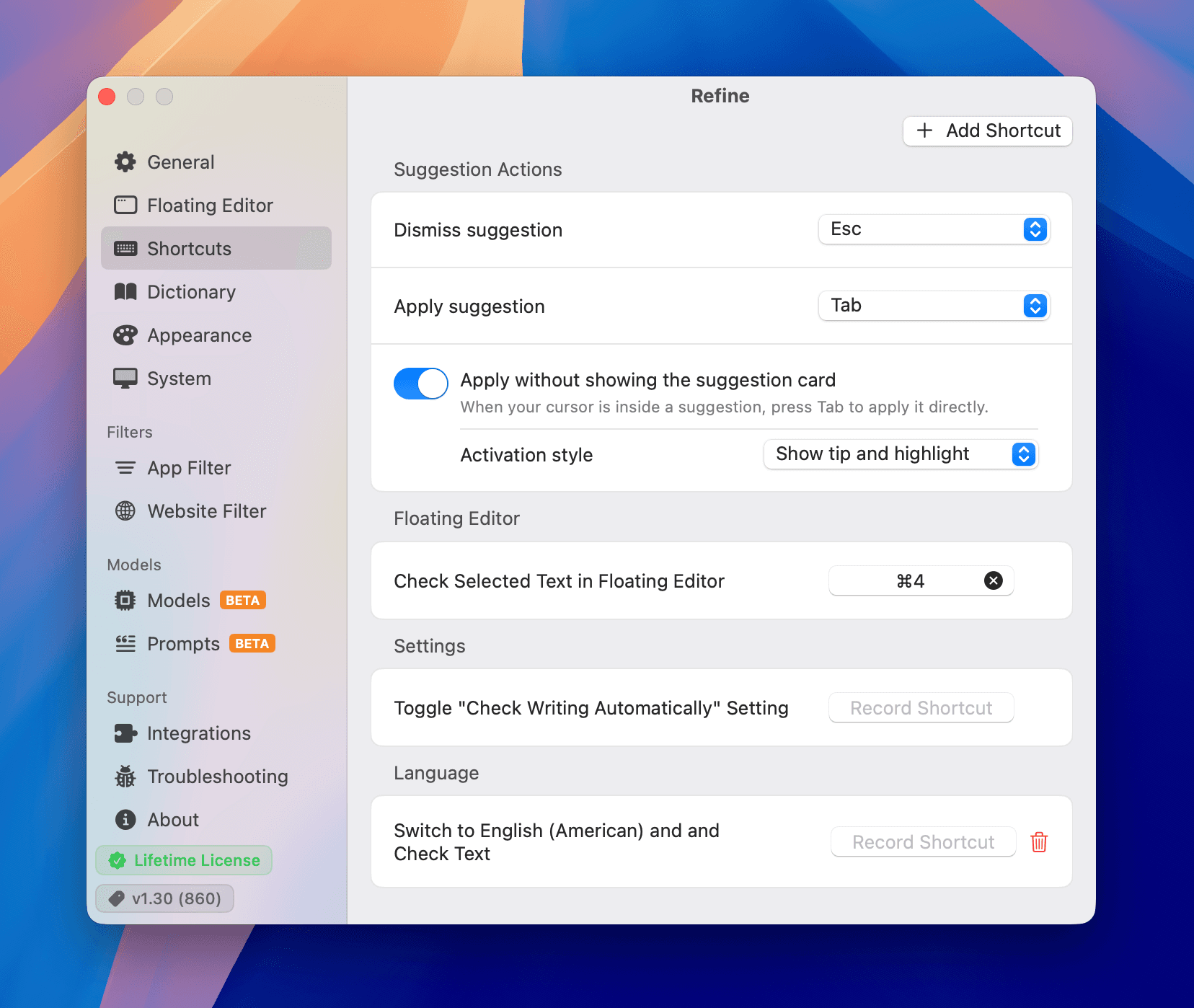 Keyboard shortcuts screenshot