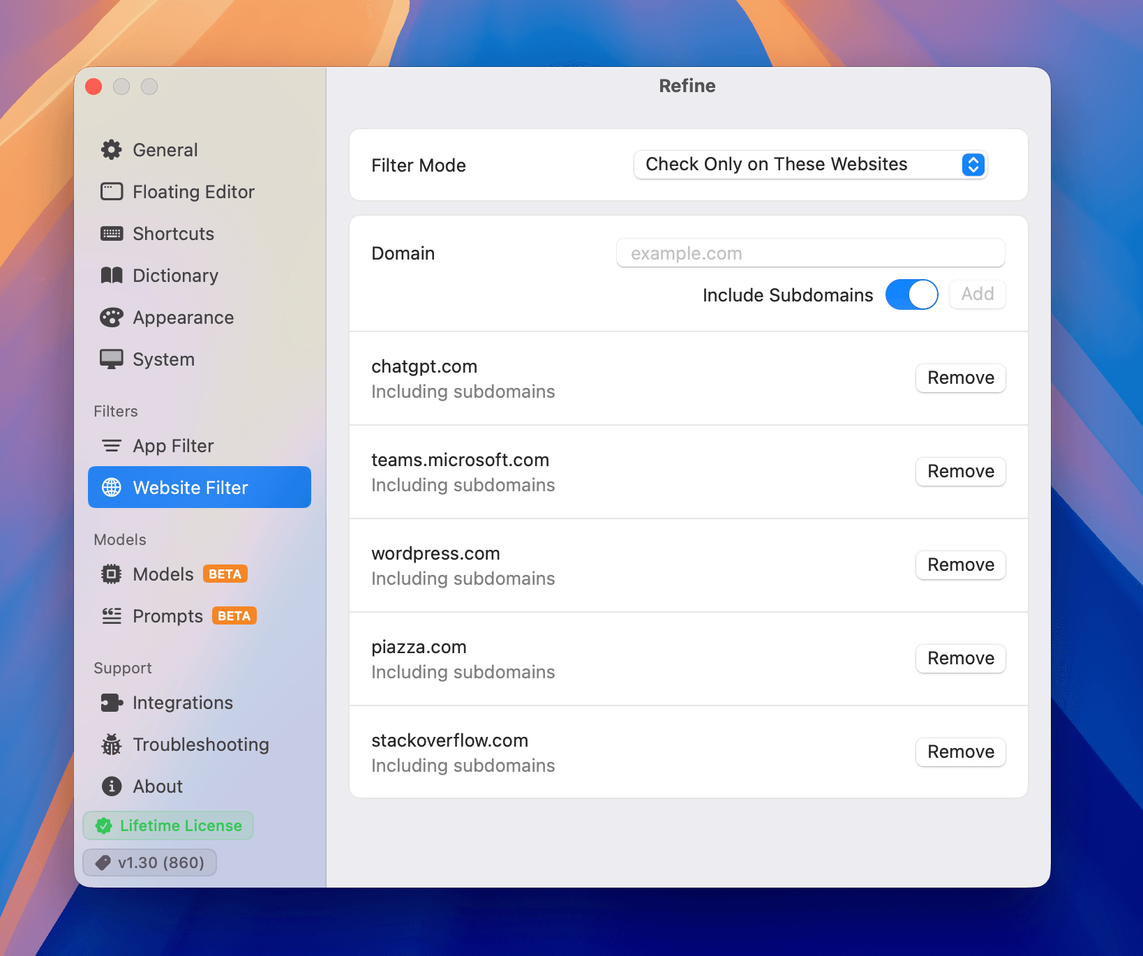 Website filters screenshot