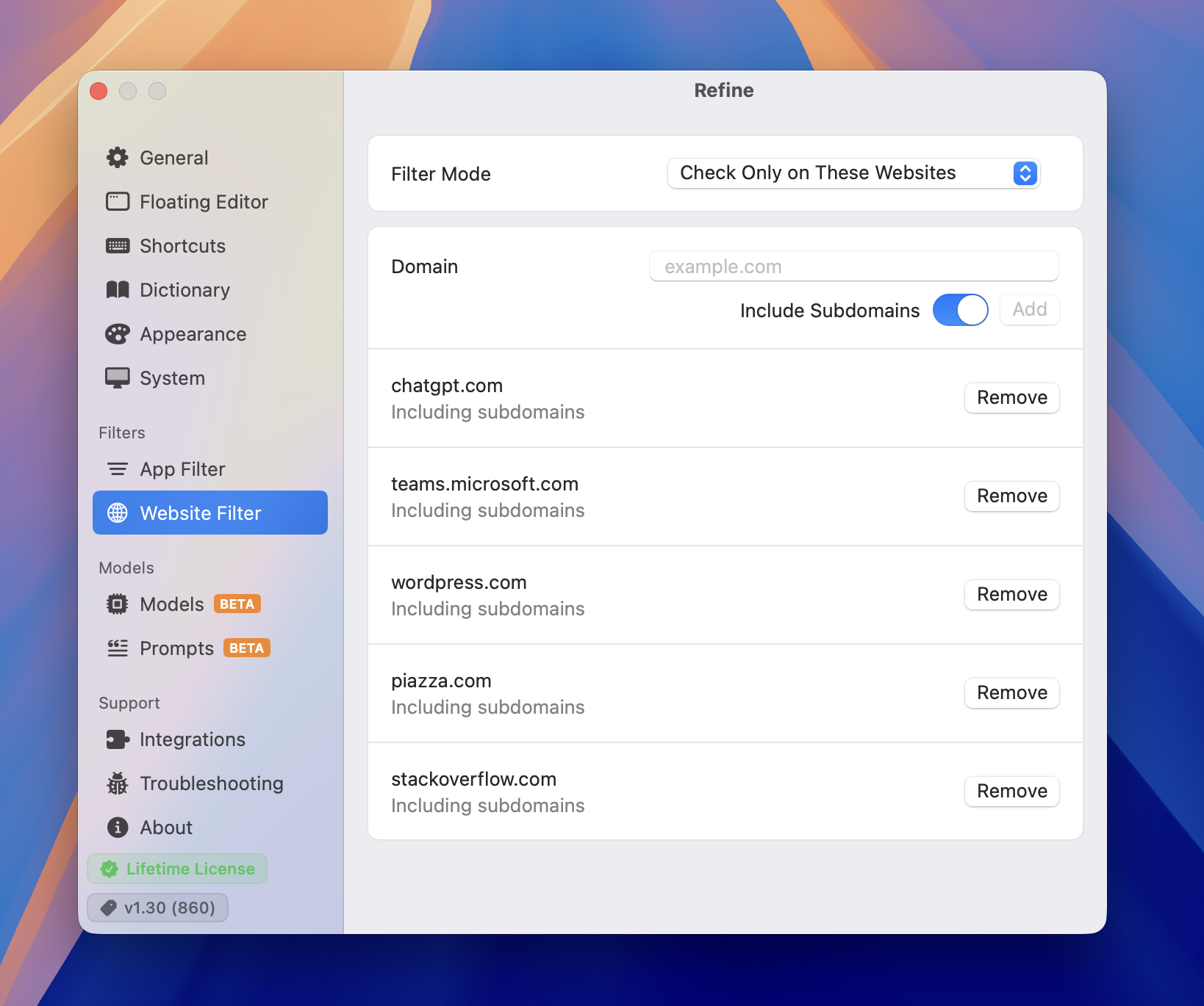 Website filters screenshot